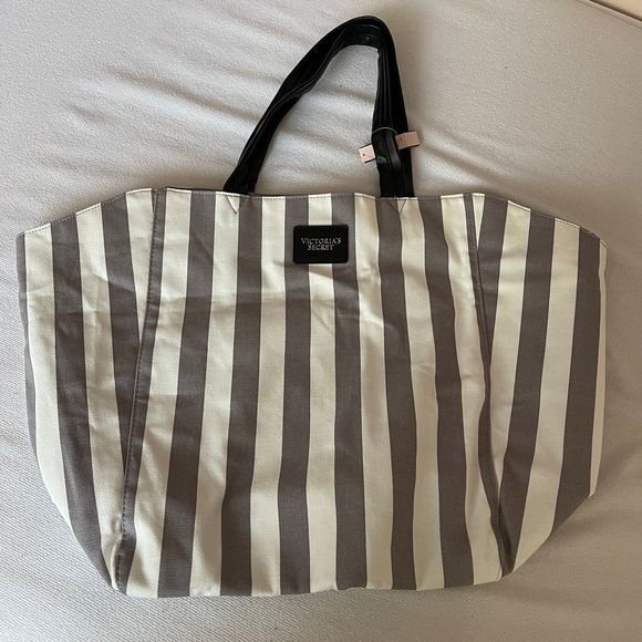 Victoria's Secret Handbags - NWT Victoria's Secret Gray Striped Travel Beach Tote Bag 15 Inch